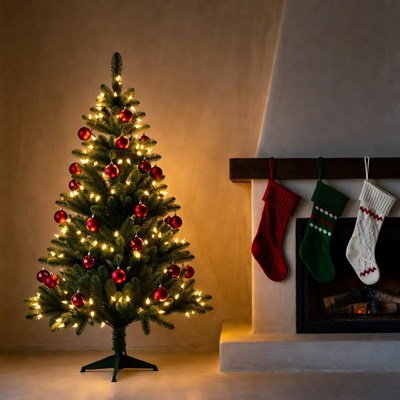 Warm holiday decorations by the fireplace