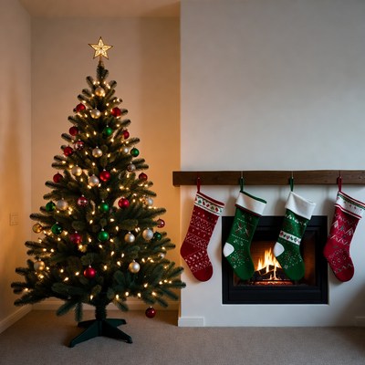Christmas tree and stockings indoors