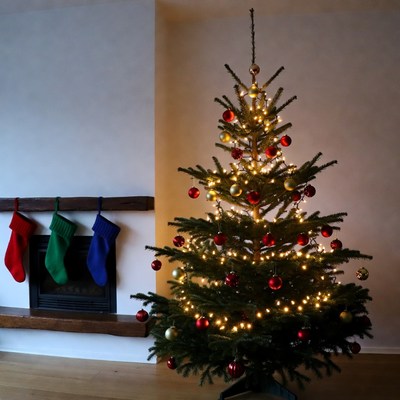 Christmas tree in living room with stockings