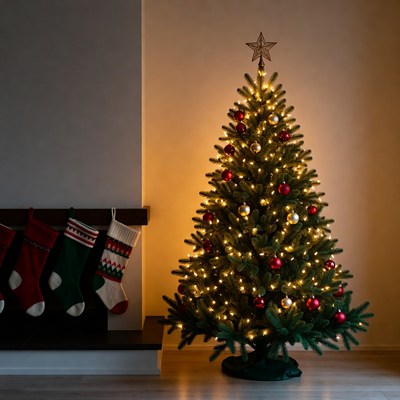 Christmas tree with stockings by fireplace