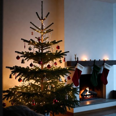 Beautifully decorated christmas tree with fire