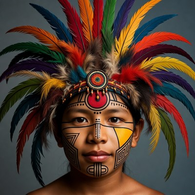 Young boy wears colorful feather headdress