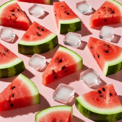 Fresh watermelon slices on pink surface