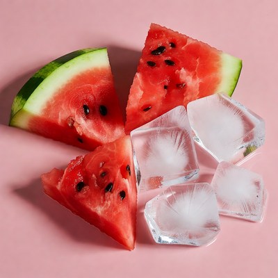 Watermelon and ice cubes on pink surface