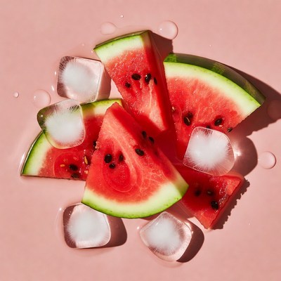 Fresh watermelon slices with ice cubes