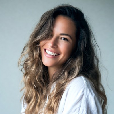 Smiling woman with wavy hair indoors