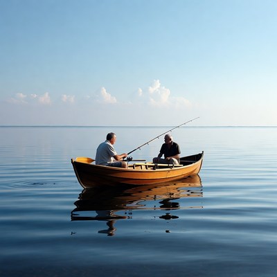 Two men fishing on calm water