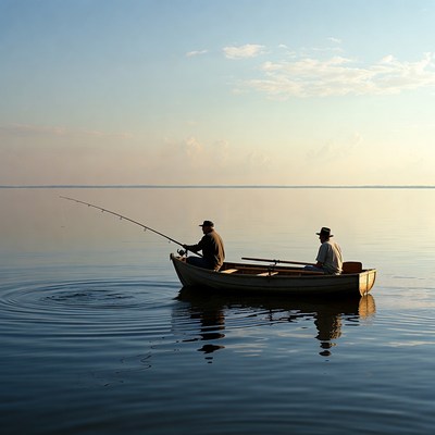 Two men fishing on calm water