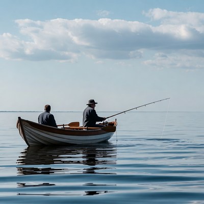 Men fishing in small boat on clear water