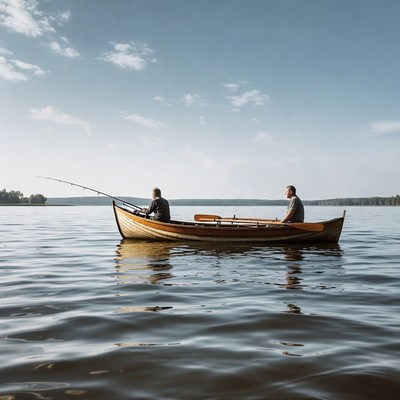 Two men fishing on calm water