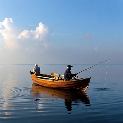Two men fishing on a calm lake