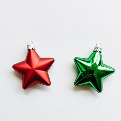 Red and green star ornaments on white background