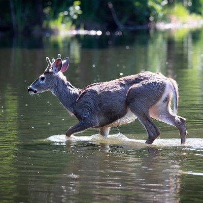 Deer walking through clear water