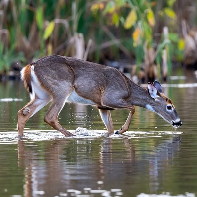Deer drinking water at a pond
