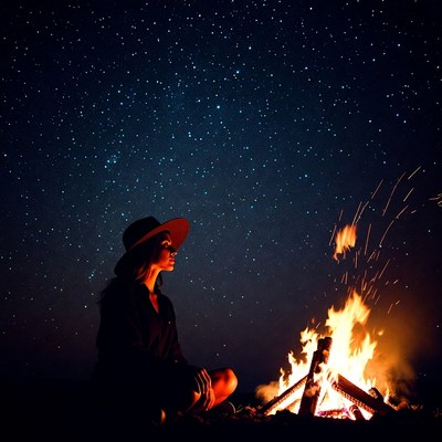 Woman by fire under starry sky