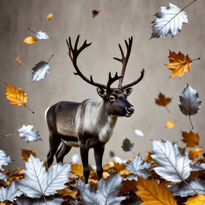 Reindeer among falling leaves in autumn