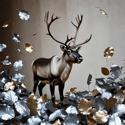 Reindeer among silver and gold leaves
