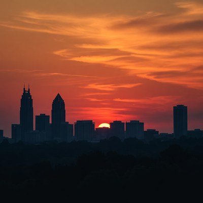 Sunset over city skyline