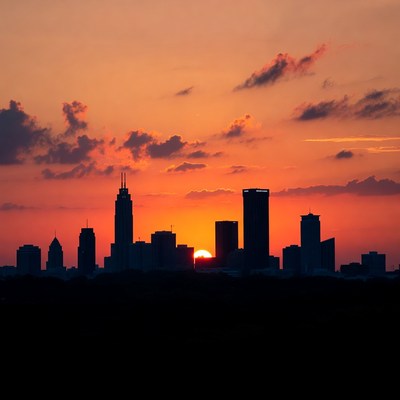 City skyline at sunset