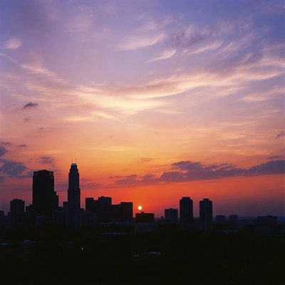 Sunset over city skyline with clouds