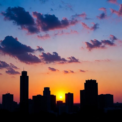 Sunset over a city skyline