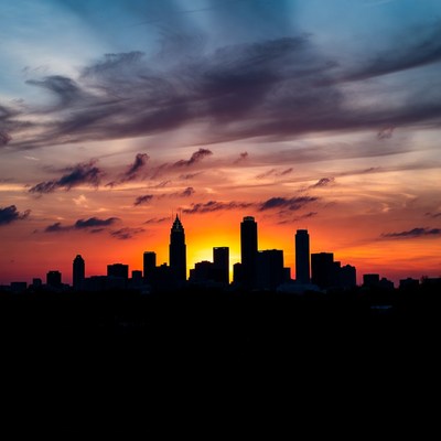 Sunset over city skyline