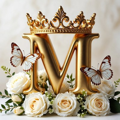 Gold m with crown, butterflies, flowers