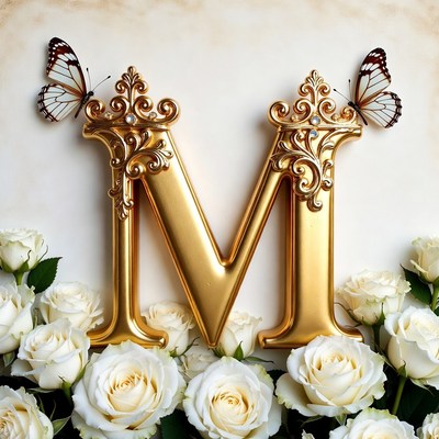 Golden letter m with white roses