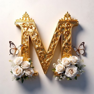 Golden letter m with flowers and butterflies