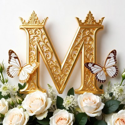 Decorative letter m with flowers and butterflies