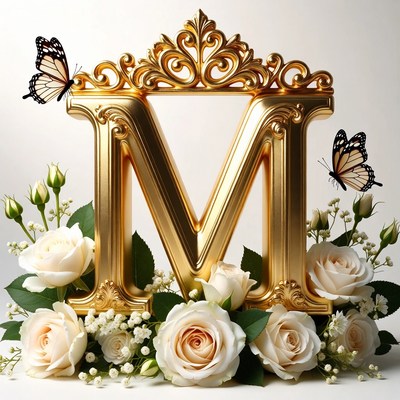 Golden letter surrounded by flowers