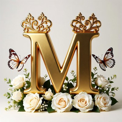 Golden letter m with flowers and butterflies