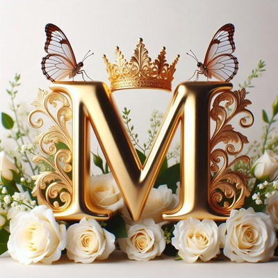 Golden letter m with butterflies and roses