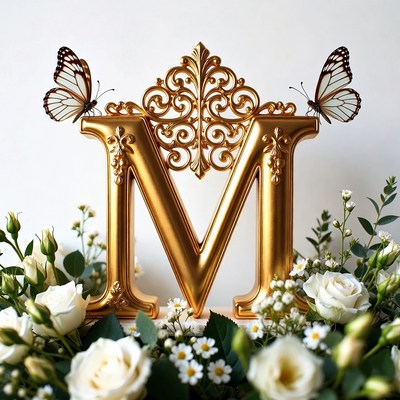 Golden letter in flowers and butterflies