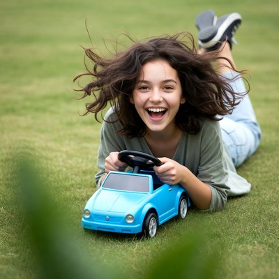 Girl playing with toy car outdoors