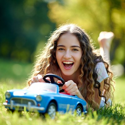 Girl enjoys playtime with toy car