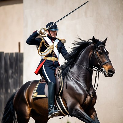 Military rider demonstrates skill on horse