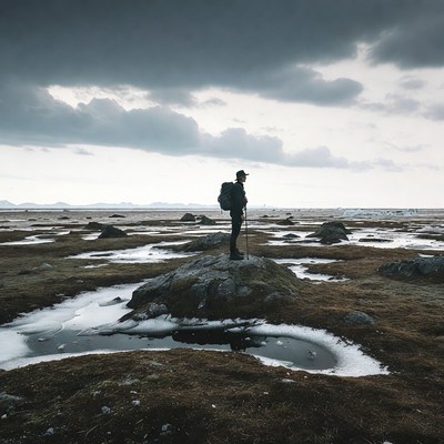 Hiker on rocky landscape in cloudy weather