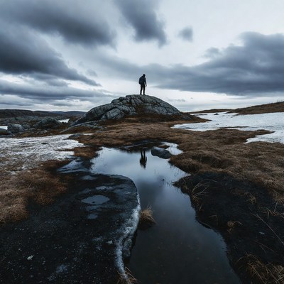 Standing on rock in cloudy landscape