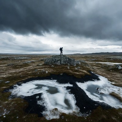 Person stands on rock in a cloudy landscape