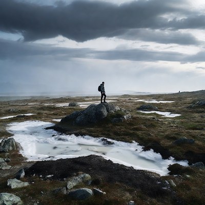 Hiker stands on rocky terrain under clouds