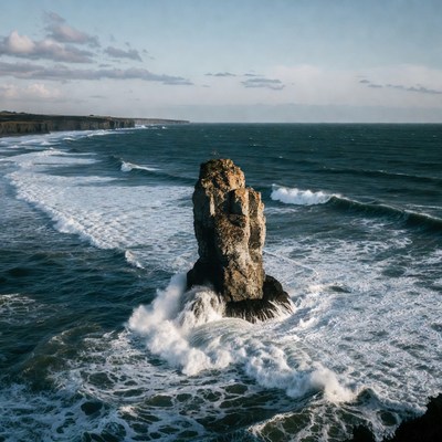 Waves crash against a rocky formation