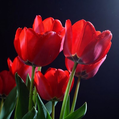 Red tulips with water droplets in sunlight
