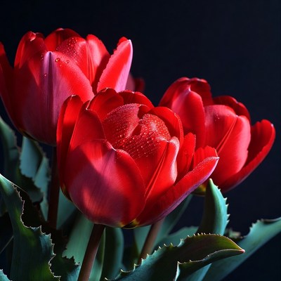 Bright red tulips in dark setting