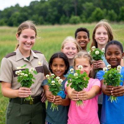 Kids holding flowers with ranger