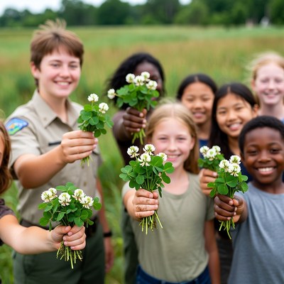 Kids and ranger holding flowers in field