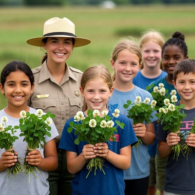 Children learn about flowers with park ranger