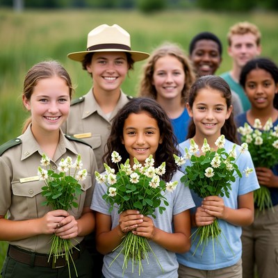 Kids and ranger with flowers outdoors
