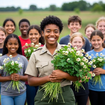 Group of youth holding flowers with leader