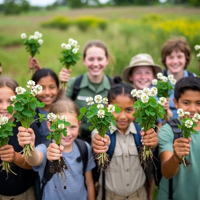 Kids hold flowers in nature